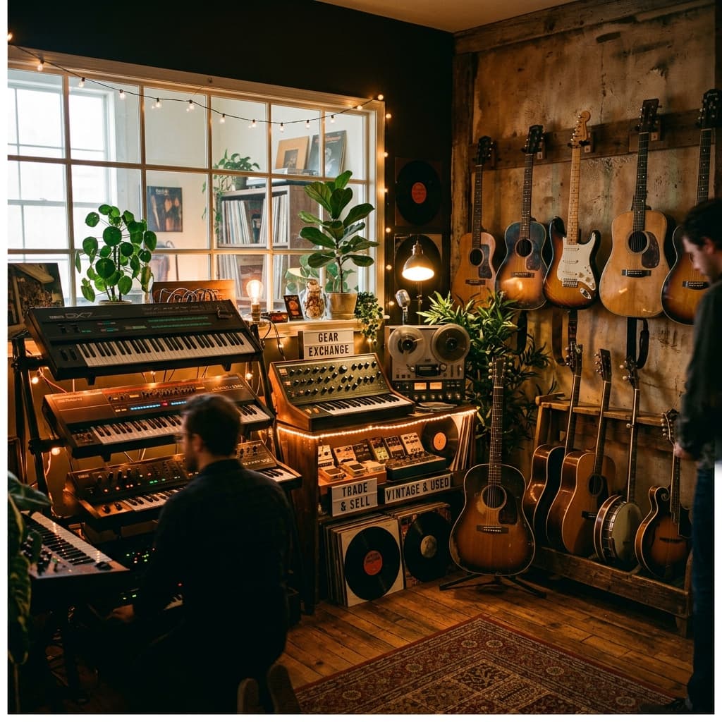 Instruments de musique vintage et modernes sur une table en bois chaleureuse