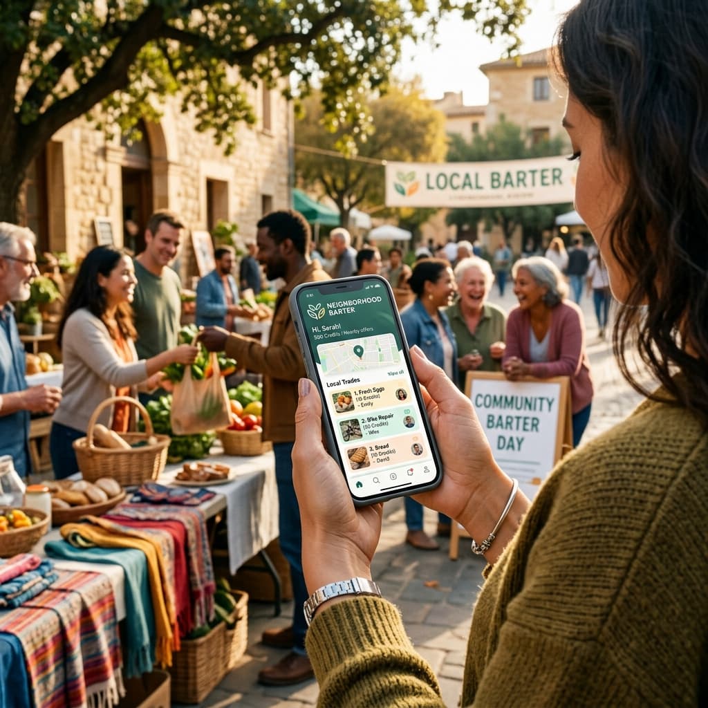 Jetons communautaires en bois et crédits d'échange artisanaux sur une surface chaleureuse