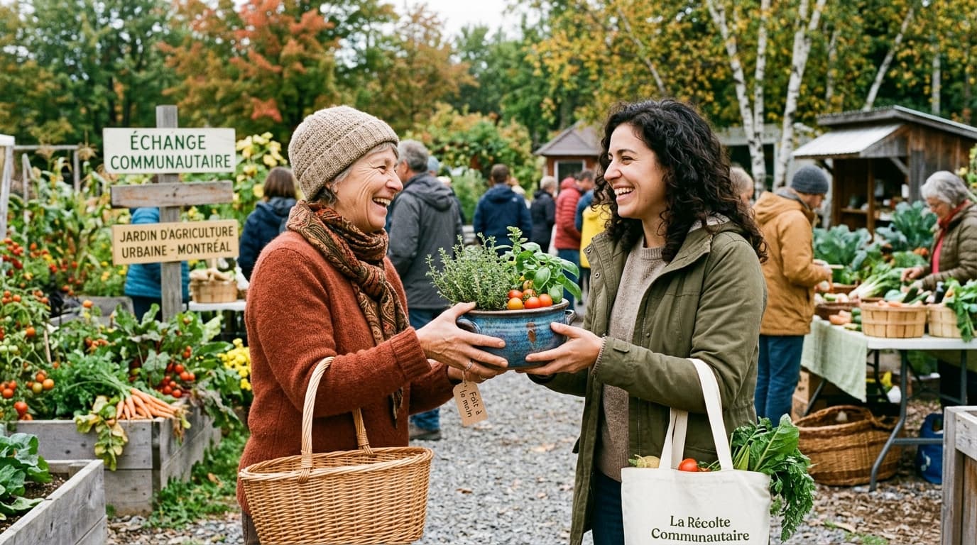Deux membres de la communauté échangeant joyeusement une plante en pot dans un marché extérieur dynamique au Québec